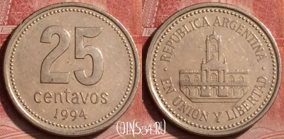 Аргентина 25 сентаво 1994 года, KM# 110a, 395-008