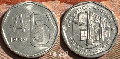 Аргентина 5 аустралей 1989 г., 180°, KM# 101, UNC, 508s-097