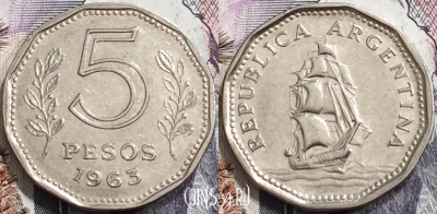 Аргентина 5 песо 1963 года, KM# 59, 132-111