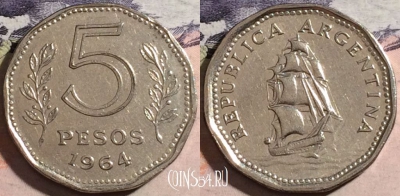Аргентина 5 песо 1964 года, KM# 59, a067-053