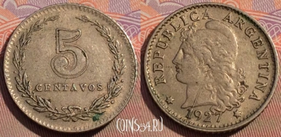 Аргентина 5 сентаво 1927 года, брак, KM# 34, 112c-101