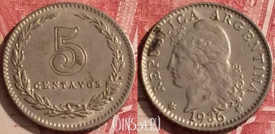 Аргентина 5 сентаво 1936 года, KM# 34, 454o-047 ♛