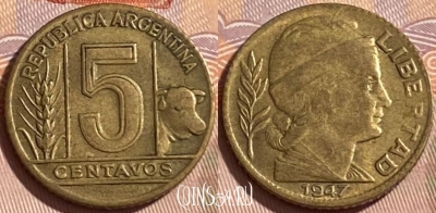 Аргентина 5 сентаво 1947 года, KM# 40, 465q-478 ♛