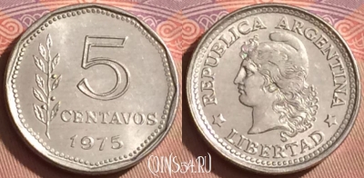 Аргентина 5 сентаво 1975 года, KM# 65, UNC, 102l-141