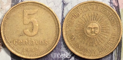 Аргентина 5 сентаво 1992 года, KM# 109, 136-007