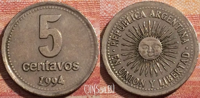 Аргентина 5 сентаво 1994 года, KM# 109a, a071-080
