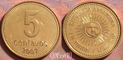 Аргентина 5 сентаво 2007 года, KM# 109b, UNC, 128k-023