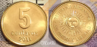 Аргентина 5 сентаво 2011 года, KM# 109b, UNC, 155-075