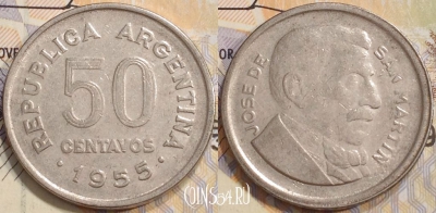 Аргентина 50 сентаво 1955 года, KM# 49, 132-075