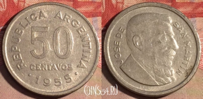 Аргентина 50 сентаво 1955 года, KM# 49, 223a-143