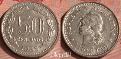 Аргентина 50 сентаво 1958 года, редкая, KM# 56, 326o-100