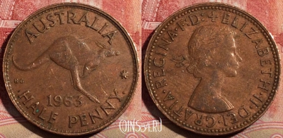 Австралия 1/2 пенни 1963 года, KM# 61, 216-038