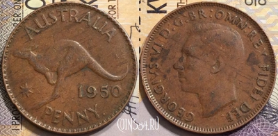 Австралия 1 пенни 1950 года, KM# 43, 148-012