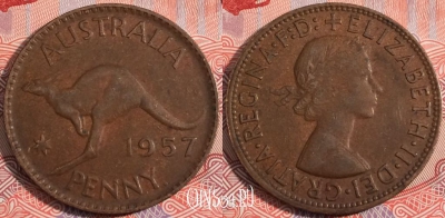 Австралия 1 пенни 1957 года, KM# 56, a137-138