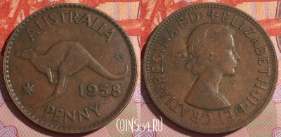 Австралия 1 пенни 1958 года, KM# 56, 168c-052