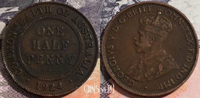 Австралия 1/2 пенни 1924 года, редкая, KM# 22, 164-104