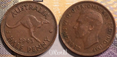 Австралия 1/2 пенни 1943 года, KM# 41, 142-051 ♛