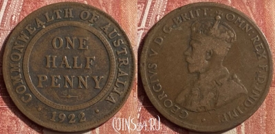 Австралия 1/2 пенни 1922 года, KM# 22, 453o-105