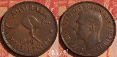 Австралия 1/2 пенни 1949 года, KM# 42, 435-075