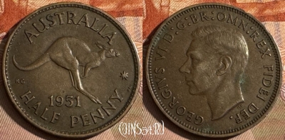 Австралия 1/2 пенни 1951 года, KM# 42, 068t-106