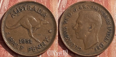 Австралия 1/2 пенни 1951 года, KM# 42, 452o-030 ♛