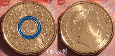 Австралия 2 долларов 2016 г., голубое кольцо, UNC, 301j-029