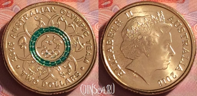 Австралия 2 долларов 2016 г., зелёное кольцо, UNC, 301j-054