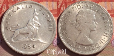 Австралия 2 шиллинга (флорин) 1954 г. Ag, KM# 55, 087b-050