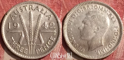 Австралия 3 пенса 1942 года Ag, KM# 37, 455o-071