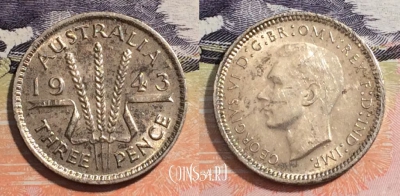 Австралия 3 пенса 1943 года, KM# 37, 165-032