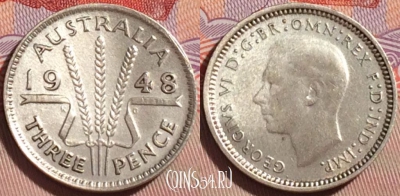 Австралия 3 пенса 1948 года Ag, KM# 37a, 087b-044