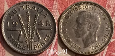 Австралия 3 пенса 1948 года Ag, KM# 37a, 455o-081 ♛