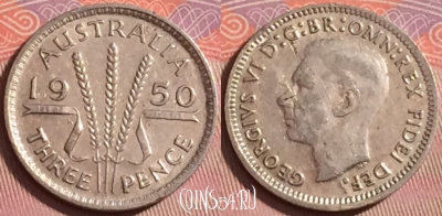 Австралия 3 пенса 1950 года Ag, KM# 44, 148j-122