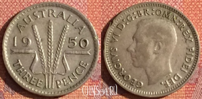 Австралия 3 пенса 1950 года Ag, KM# 44, 343-075