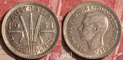 Австралия 3 пенса 1951 года Ag, KM# 44, 454o-103 ♛
