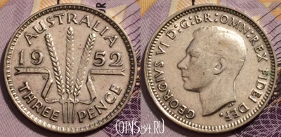 Австралия 3 пенса 1952 года, Ag, KM# 44, 230-092