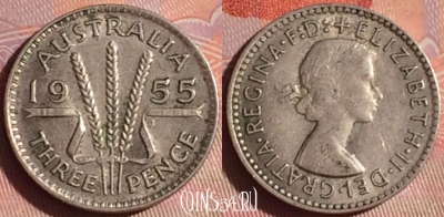 Австралия 3 пенса 1955 года Ag, KM# 57, 048i-101