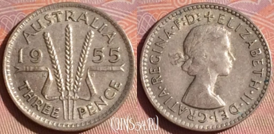 Австралия 3 пенса 1955 года Ag, KM# 57, 048i-115