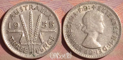 Австралия 3 пенса 1955 года Ag, KM# 57, 054i-072