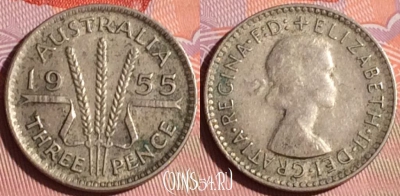 Австралия 3 пенса 1955 года Ag, KM# 57, 335i-108