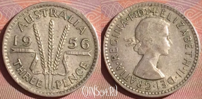 Австралия 3 пенса 1956 года Ag, KM# 57, 054i-073