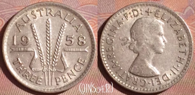 Австралия 3 пенса 1958 года Ag, KM# 57, 052i-181