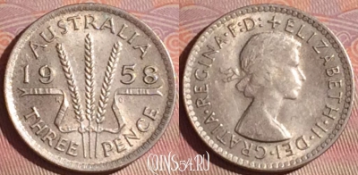 Австралия 3 пенса 1958 года Ag, KM# 57, 052i-188