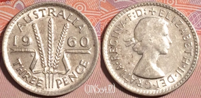 Австралия 3 пенса 1960 года, Серебро, KM# 57, 181-100