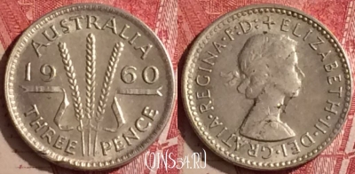 Австралия 3 пенса 1960 года Ag, KM# 57, 454o-093 ♛