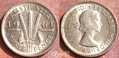 Австралия 3 пенса 1961 года Ag, KM# 57, 294o-053