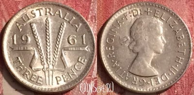 Австралия 3 пенса 1961 года Ag, KM# 57, 455o-069 ♛
