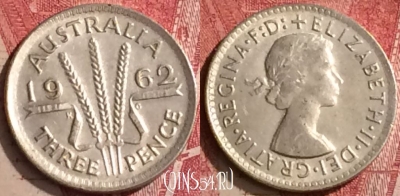 Австралия 3 пенса 1962 года Ag, KM# 57, 455o-074 ♛
