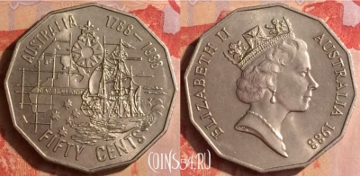 Австралия 50 центов 1988 г., 200 лет Австралии, 438-063 ♛