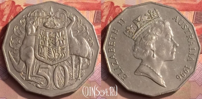 Австралия 50 центов 1996 г., редкий год, KM# 83, 449-015